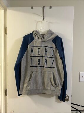 Aeropostale Grey Pullover Hoodie with Navy Sleeves